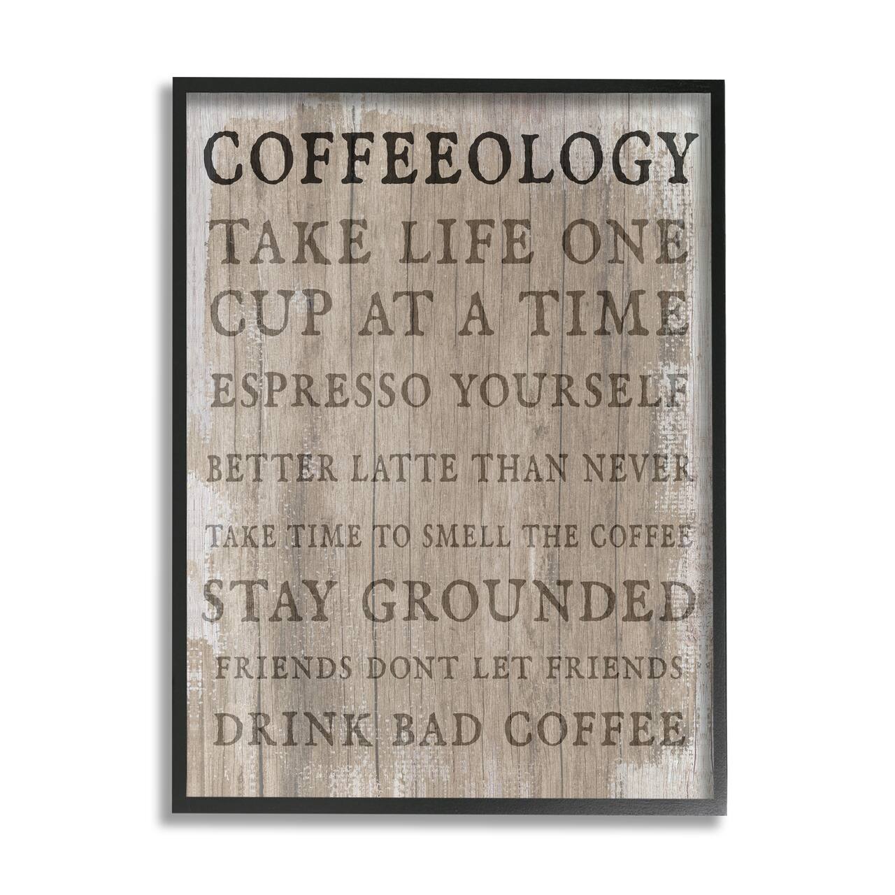 Stupell Industries Rustic Coffeeology Sign Espresso Positivity Phrases Drink Puns Framed Wall Art